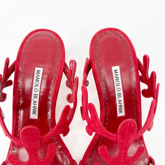 Manolo Blahnik Hidrag 50 Red Suede Leaf Thongs Mule Kitten Heel Sandals IT 36 - Picture 8 of 12